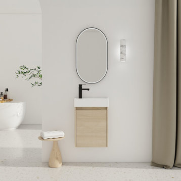 BNK Wall Mounted Bathroom Vanity with Ceramic Sink Set, Plain Light Oak