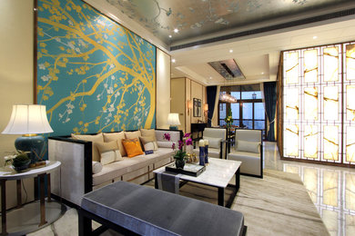 Inspiration for a large asian formal living room remodel in Other with white walls