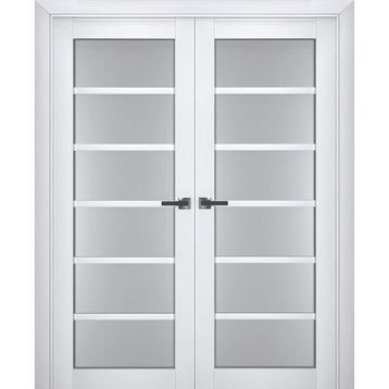 Interior French Double Doors 36 x 80, Veregio 7602 White & Frosted Glass
