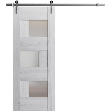 Barn Door 18 x 80, 6933 Nordic White & Frosted Glass, Silver 6.6FT