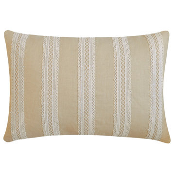 Decorative Beige Linen 12"x20" Lumbar Pillow Cover Lace, Striped - Lace Serenade