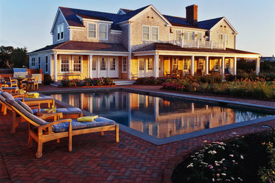 Large coastal multicolored two-story wood and shingle exterior home idea in Boston with a shingle roof and a gray roof