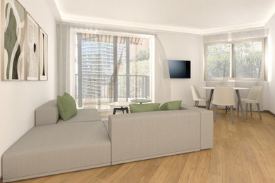 Ejemplo de salón abierto actual pequeño con paredes beige, suelo de madera pintada, televisor colgado en la pared, suelo beige y alfombra