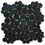 CNK Tile - Glazed Black Moon Mosaic Tile - Each stone is carefully selected and hand-sorted according to color, size and shape in order to ensure the highest quality pebble tile available. The stones are attached to a sturdy mesh backing using non-toxic, environmentally safe glue. Because of the unique pattern in which our tile is created they fit together seamlessly when installed so you can't tell where one tile ends and the next begins!