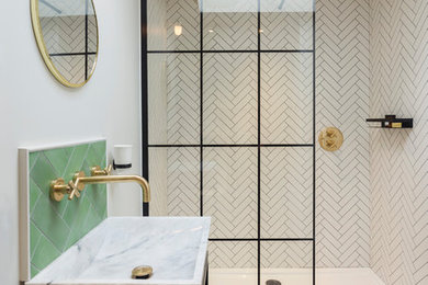 Eclectic bathroom in Kent with an alcove shower, white tiles, white walls, mosaic tile flooring, a console sink, black floors and an open shower.