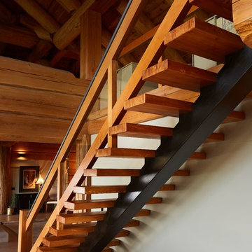 Rustic Modern Oak and Fir Mono-Stringer with Glass Railing