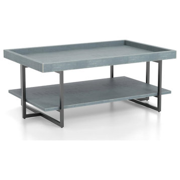Contemporary Coffee Table, Lower Open Shelf and Tray Style Top, Antique Blue
