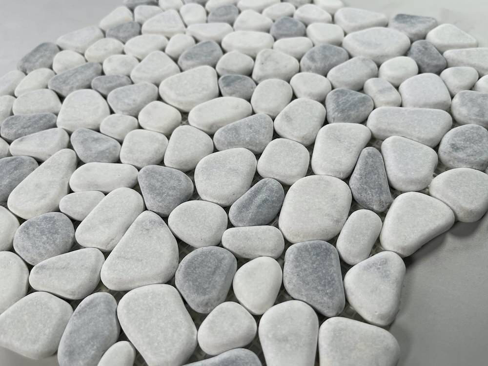 Carrara White Bardiglio Grey Marble Pebble Stone Nonslip Shower Tile, 1 sheet