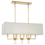 Crystorama - Paxton 8-Light Chandelier, Antique Gold - The Paxton chandelier is a timeless design that combines contemporary styling with clean lines. The minimal Antique Gold steel frame features eight square arms glass bobeches and a hanging glass ball. The lights housed beneath its rectangular white silk shade diffuse a soft glow that is perfect for a dining room on kitchen.
