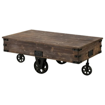 Farmhouse Coffee Table, Cart Design With 4 Antique Black Casters and Brown Top