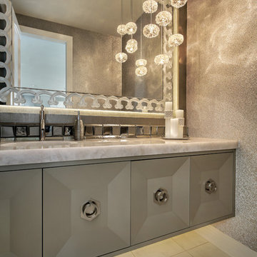 Powder Room with Floating Vanity, Lalique Mirror and Beaded Wallpaper