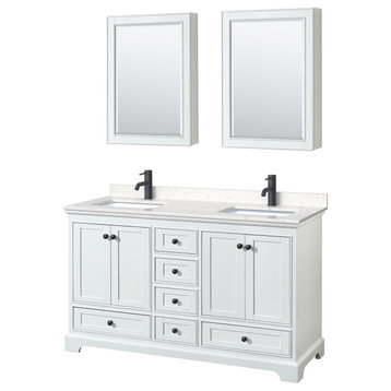 Deborah 60" White DBL Vanity, Carrara Cultured Marble Top, Black Trim, Med Cabs