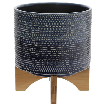 8" Dotted Planter With Wood Stand, Blue