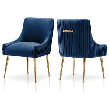 Glam Pleated Velvet Dining Chair Set of 2, Tufted Side Accent Kitchen Chair, Navy Blue