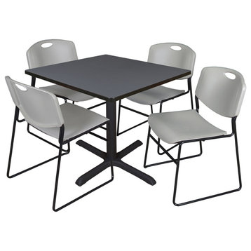 Cain 36" Square Breakroom Table- Grey & 4 Zeng Stack Chairs- Grey