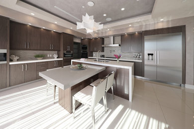 Kitchen - large contemporary porcelain tile and white floor kitchen idea in Los Angeles with a drop-in sink, flat-panel cabinets, quartz countertops, beige backsplash, mosaic tile backsplash, stainless steel appliances, two islands and white countertops