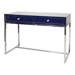 Worlds Away William Navy Lacquer Desk with Stainless Steel Base - Desks And Hutches