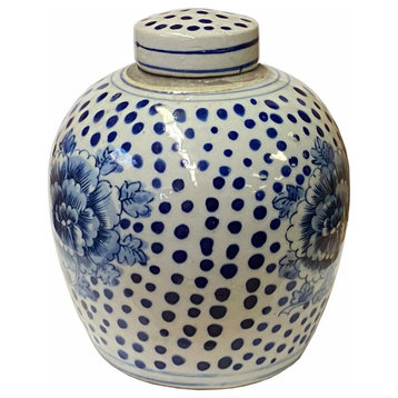 Chinese Oriental Small Blue White Flower Dots Porcelain Ginger Jar Hws1869