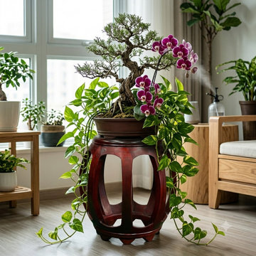 Vintage Reddish Brown Oriental Barrel Shape Round Stool Side Table ws4973