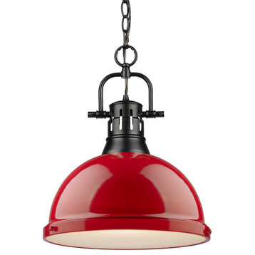 Duncan 1 Light Pendant, Chain, Black With A Red Shade