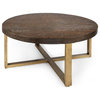 Modern Coffee Table, Crossed Golden Base With Thick Round Wooden Top, Brown
