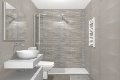 Inspiration for a mid-sized modern master wet room bathroom in Other with a wall-mount toilet, gray tile, ceramic tile, grey walls, ceramic floors, a vessel sink and grey floor.
