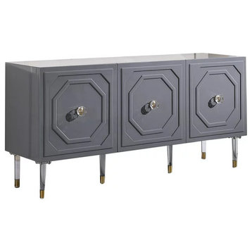 Contemporary Sideboard, Geometric Accented Doors & Acrylic Pulls, Glossy Gray