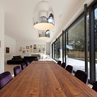 デュッセルドルフの広いコンテンポラリースタイルのLDKの画像 (白い壁、淡色無垢フローリング、標準型暖炉、漆喰の暖炉まわり)