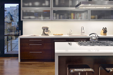 Trendy kitchen photo in San Francisco with glass-front cabinets and dark wood cabinets