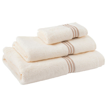 Triple Line Embroidery 3 Piece 100% Cotton Towel Set, Beige and Ivory