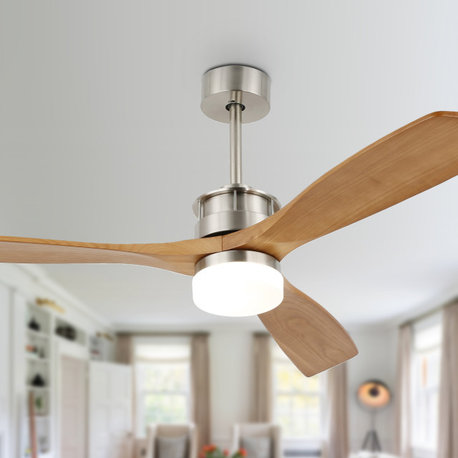 52" Solid Wood Ceiling Fan with Light and Remote 3-Speed Reversible, Nickel, 52