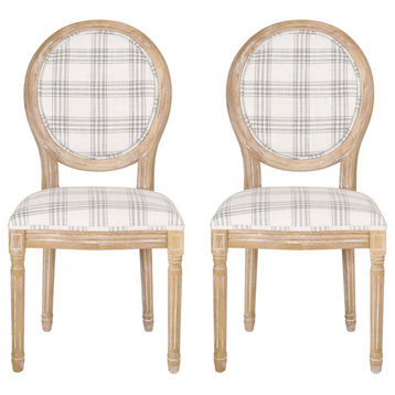Lariya French Country Fabric Dining Chairs (Set of 2), Grey Plaid + Natural, Two (2) Dining Chairs