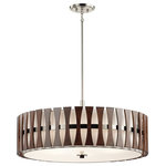 Kichler - Cirus Pendant/Semi Flush 5-Light, Auburn Stained Finish - This 5 light convertible pendant/semi flush ceiling light from the mid-century modern cirus collection features warm curved auburn stained wood accents reminiscent of wood panels from the 1940's. The smooth round shape and white fabric shades complete the look.