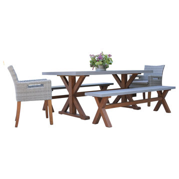 5-Piece Eucalyptus Dining Set With Matching Benches and Wicker Captain's Chairs