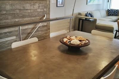 Example of a large trendy medium tone wood floor great room design in Other with beige walls