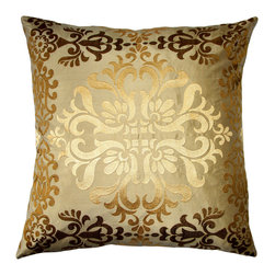 Pillow Decor Ltd. - Sumatra Silk Embroidery Decorative Throw Pillow, Gold Wreath, 21"x21" - Decorative Pillows