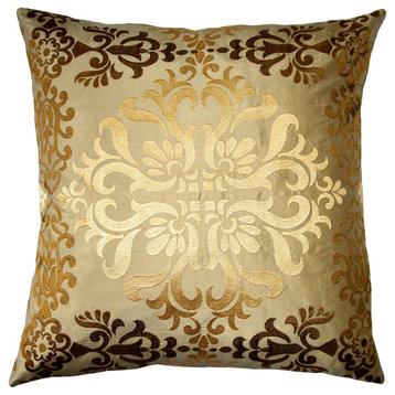 Sumatra Silk Embroidery Decorative Throw Pillow, Gold Wreath, 21"x21"