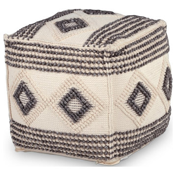 Bowery Hill Transitional Square Handwoven Wool Pouf in Ivory/Gray/Black