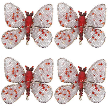 Hand Beaded Butterfly Napkin Rings, Silver and Red, Set of 4