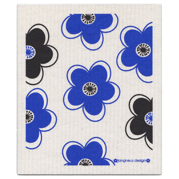 Swedish Dishcloth/Sponge Cloth, Two-Tone Flowers, Blue/Black