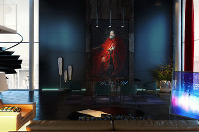 Large trendy formal and loft-style dark wood floor living room photo in New York with blue walls, no fireplace and a tv stand