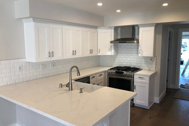 Example of a mid-sized trendy kitchen design in Orange County with shaker cabinets