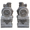 Chinese Pair Black Gray Stone Fengshui Foo Dogs Drum Statues Hcs7219