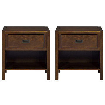 Set of 2 Nightstand, Lower Open Compartment and Storage Drawer, Walnut