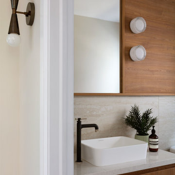Custom Walnut Vanity & Travertine Powder Room | Hearth Residence | Whole Home Re