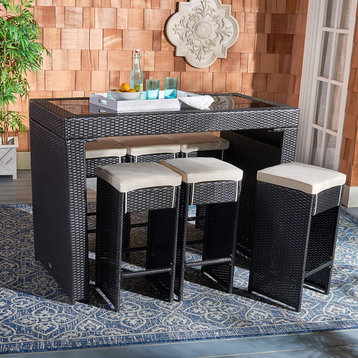 7 Pieces Dining Set, Black Wicker Finish With Cushioned Seat Stools