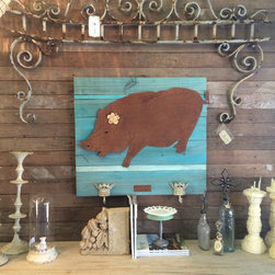XL Farm Pig (rusted steel)on a turquoise wood frame - Artwork