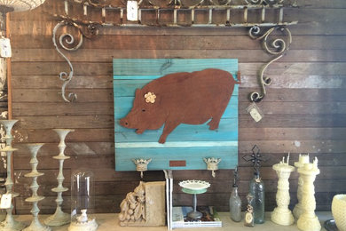 XL Farm Pig (rusted steel)on a turquoise wood frame