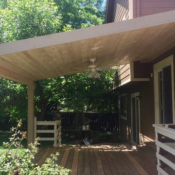 Shed roof, tongue and groove pine, with can lights and fanp