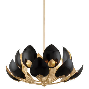 Lotus 16 Light Chandelier, Gold Leaf, Black Shade